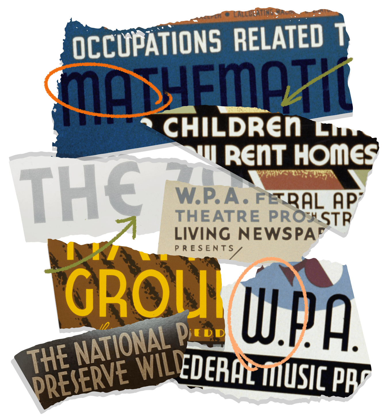 <b class="accent">FIG. 3 — </b> Lettering samples from WPA Posters, with unique characteristics highlighted, such as: rounded capital ‘E’, ‘W’ with rounded bases, and ‘A’ with rounded top. Source: Library of Congress.